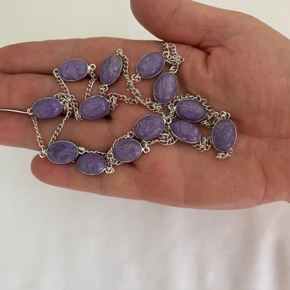 Charoite Gemstone Cabochons Silver Plated Chain Necklace Length 35" - Picture 5 of 6